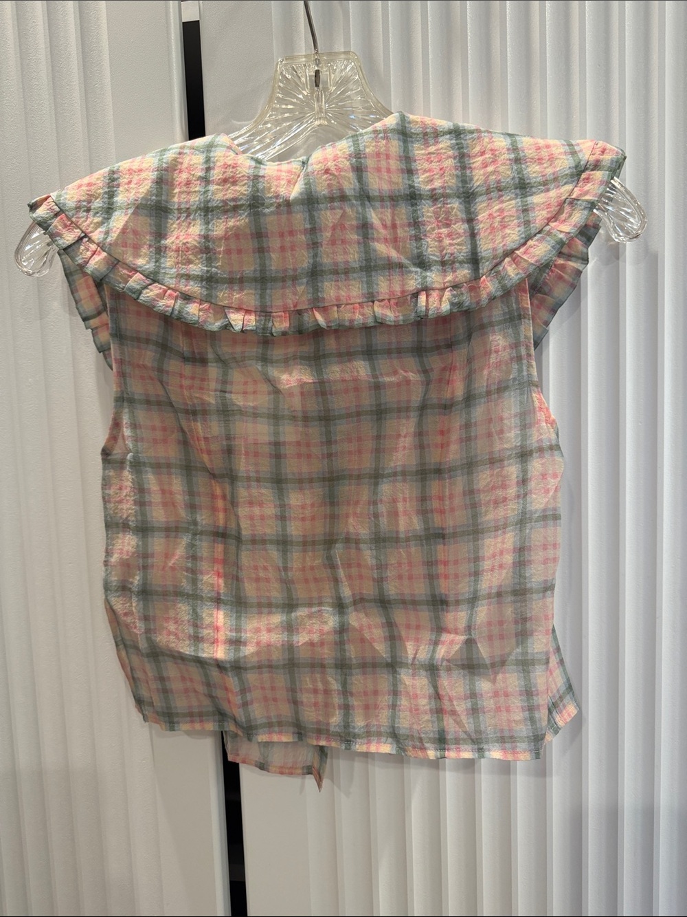 & Other Stories Pastel Plaid Sleeveless Button-Up Top with Ruffle Collar - Picture 2 of 3